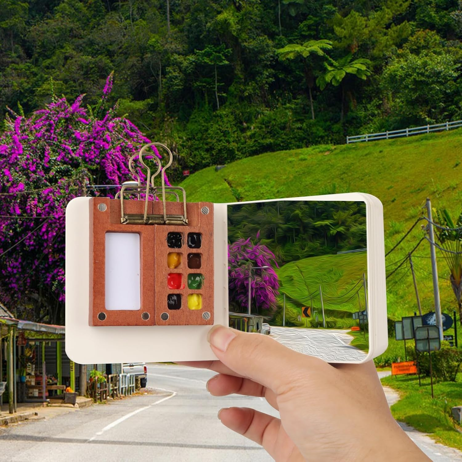 Eukyplace Mini Watercolour Kit &ndash; 24 Colors Mini Watercolour Travel Set with Wooden Gouache Paint Palette, Water Colour Paint Set with Brush & Paper &ndash; Portable Art Kit for Beginners & Artists image number 3