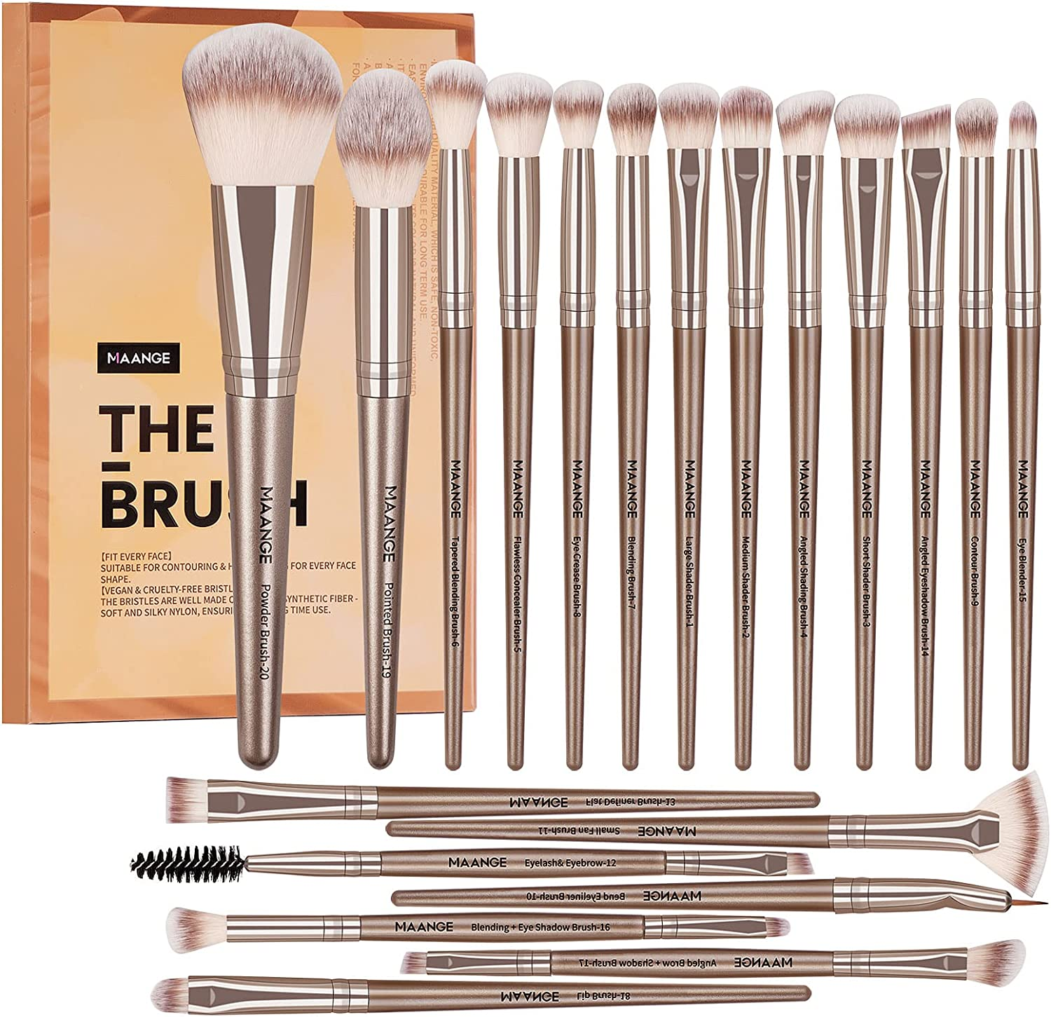 MAANGE Makeup Brushes 20Pcs Makeup Brush Set Premium Synthetic Foundation Face Powder Blush Concealers Make up Brushes Sets with Gift Box（Champagne) image number 4