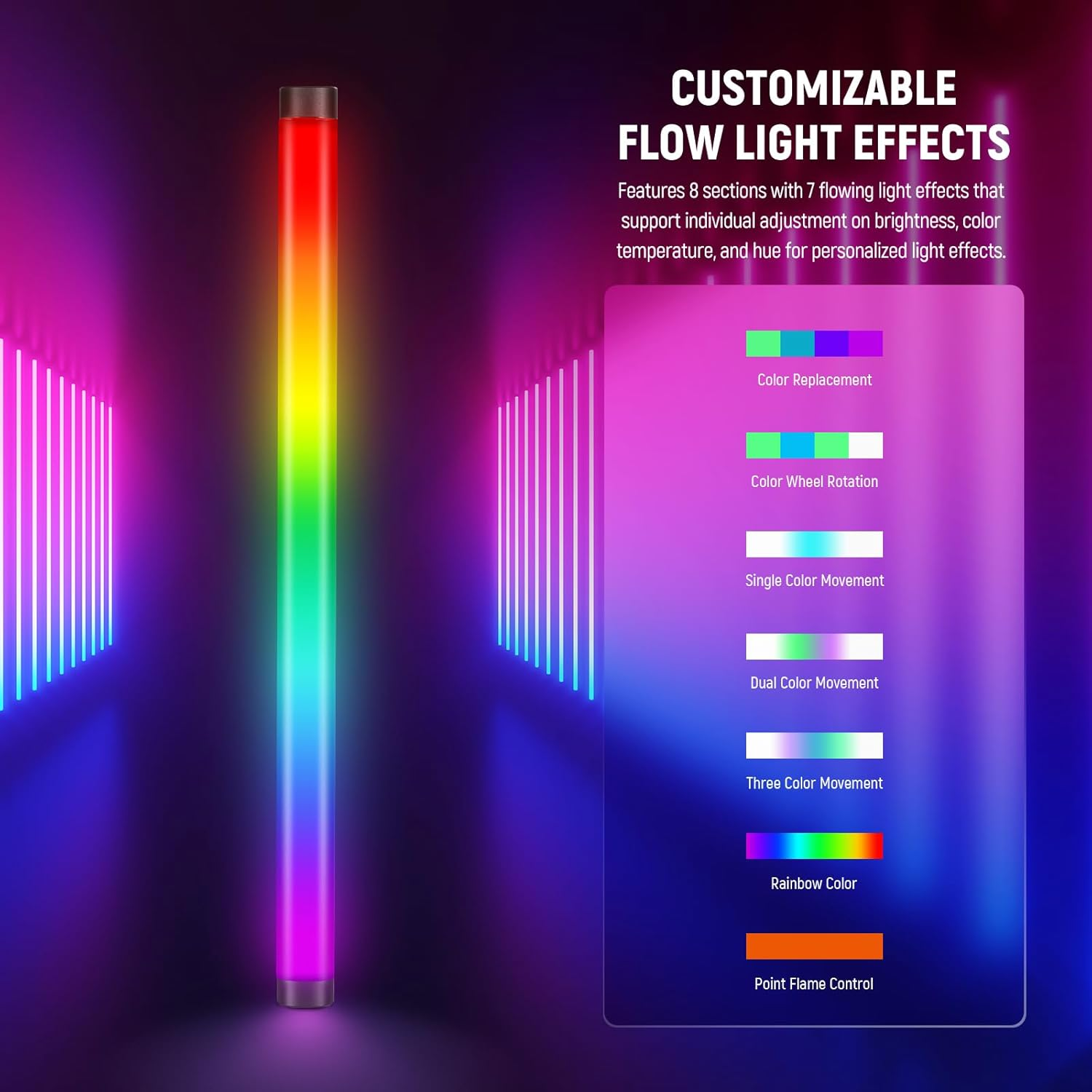 NEEWER TL60 RGB Tube Light, Full Color RGBWW Light Stick Supports APP/2.4G/DMX Control with 7 Pixel Effects 18 Scenes Color Gel/Picker Mode, 2500K-10000K 0-100% Dimming CRI97+ TLCI98+, 3000Mah Battery image number 6