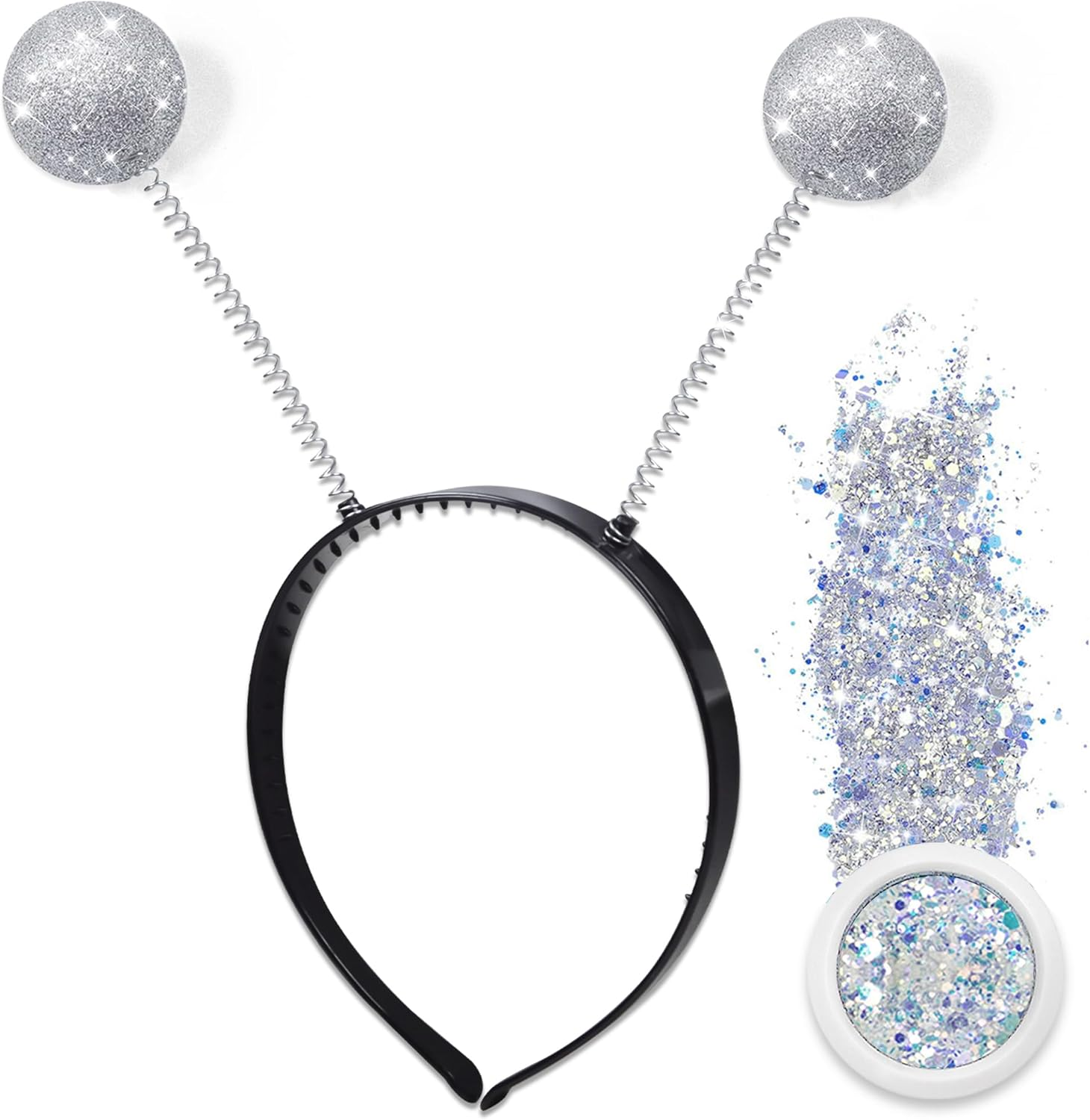 2PCS Silver Martian Antenna Headband Alien Headband Boppers Ball & 2PCS Silver Holographic Chunky Glitter Costume Accessory Party Favors for Themed Parties