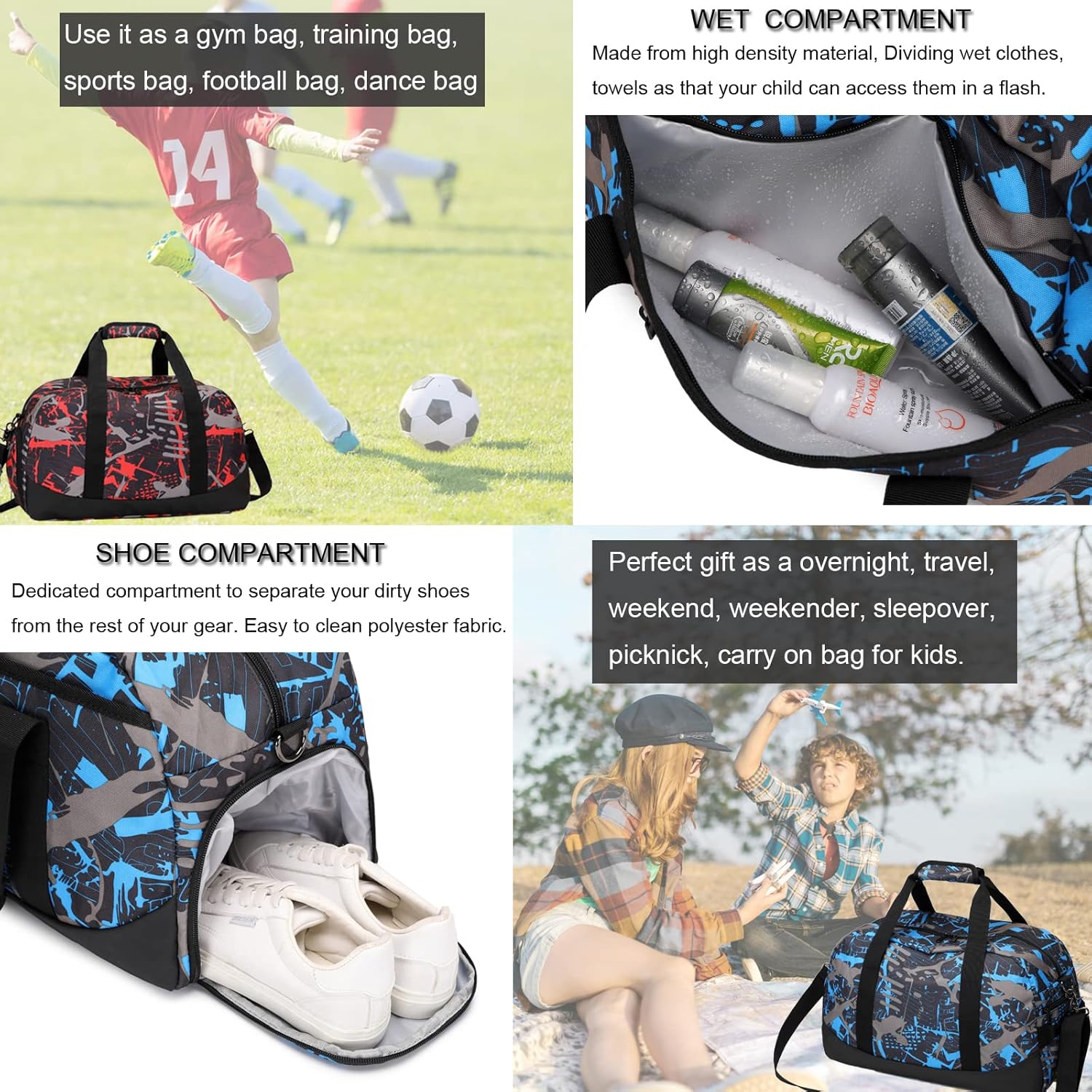 Octsky Sports Gym Travel Weekender Duffel Bag for Men Boys with Shoe Compartment & Wet Pocket, Sleepover Bag or Kids, Graffiti-Red image number 4