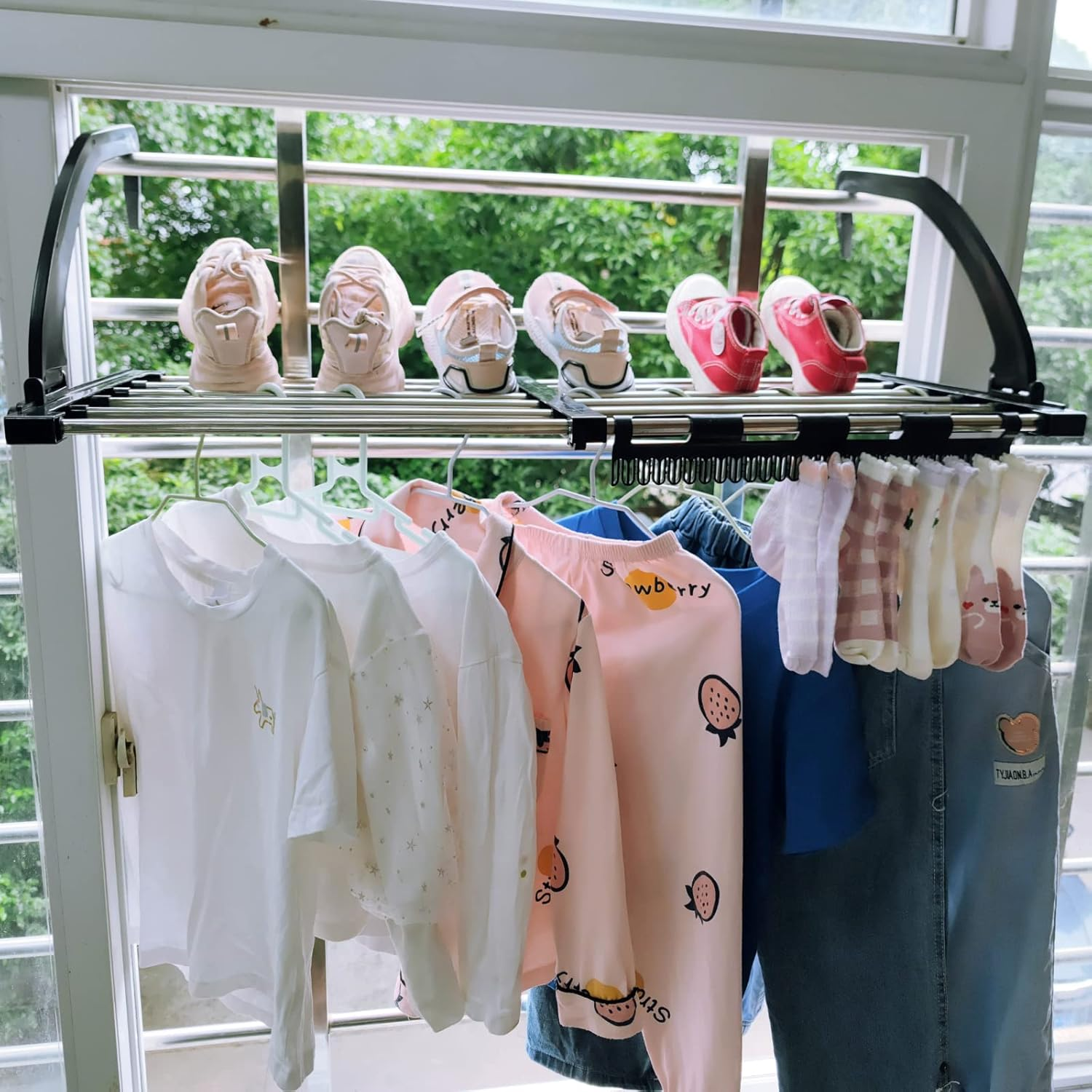 Candumy Portable Clothes Drying Rack for Balcony Railings Windowsill, Folding Towel Rack Indoor Outdoor Retractable Laundry Rack with Sock Clips for Drying Socks