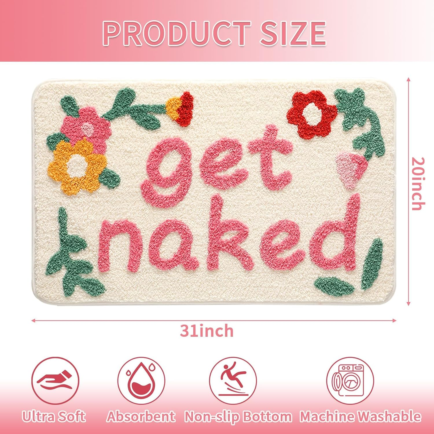 Get Naked Bath Mat, Cute Floral Bathroom Mat Green Leaves Bath Mat, Extra Soft Non Slip Absorbent Bathtub Mat, Machine Washable Fluffy Microfiber Funny Decor Mat for Bedroom Shower 50X80 Cm (Pink) image number 1