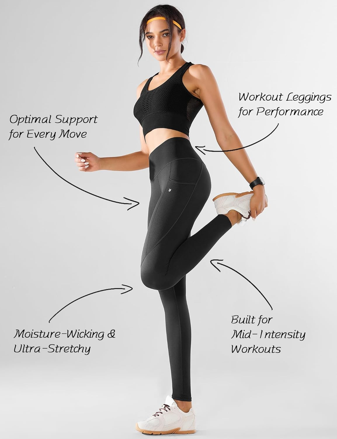 Yogaration Workout Leggings for Women with Pockets, High-Waisted Compression Gym Leggings, Non-See-Through Yoga Pants, Breathable Fabric, Tummy Control for Pilates, Cardio and Daily image number 4