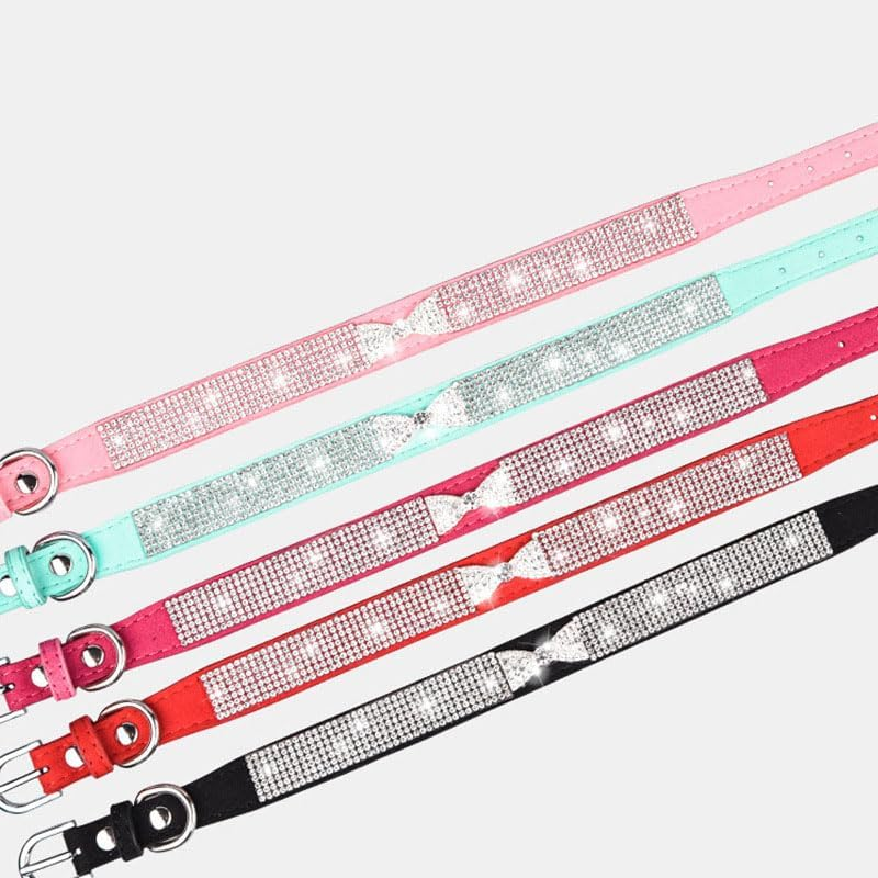 Rhinestone Sparkle Dog Cat Collar with Diamond Bowtie Bowknot Decoration, Adjustable for Small Medium Pets (Pink)