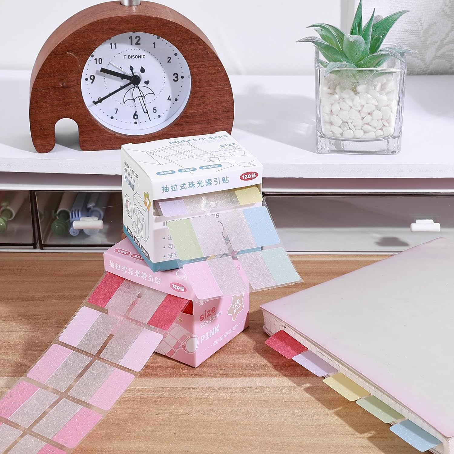 BAYTORY 240 Sheets Transparent Sticky Note, 11 X 9.8 Inch Pop-Out Book Annotating Tabs Glitter Roll Tape with Pull Out Dispenser Boxes, Memo Pads Sticker Label for Noting Writing (Pink & Colored) image number 3