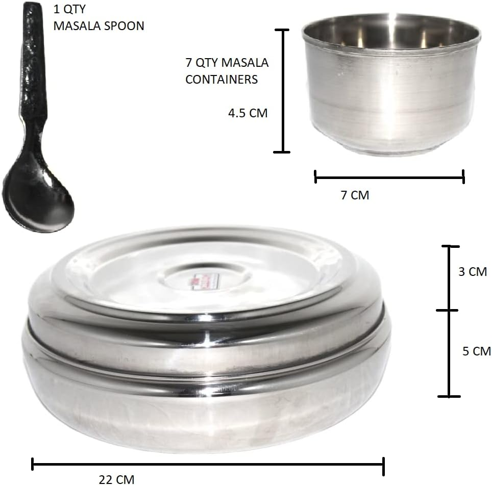Generic Traditional Stainless Steel Indian Herb Spice Tin Box Masala Dabba with Double LID & 7 POTS (22 Cm) - FOOD_STORAGE_CONTAINER image number 2