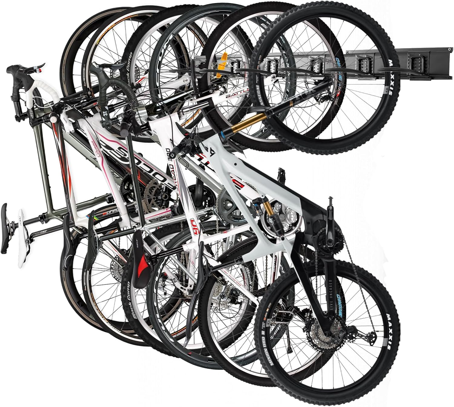 PYBTOOL Bike Storage Rack, Garage Bike Rack Wall Mount, 6 Bike Racks and 6 Helmets Hooks, Max Capacity 600Lbs, 64-Inch image number 2