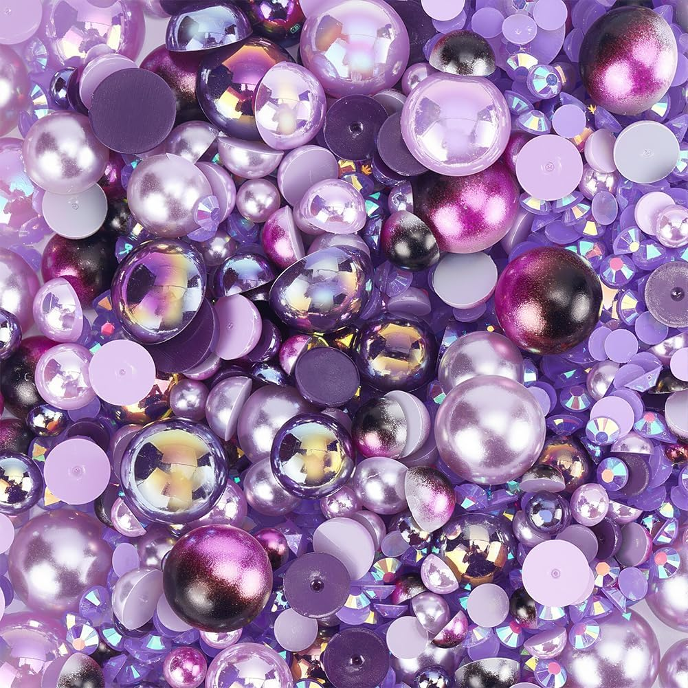 CRASPIRE 30G Flatback Pearls and Rhinestones Set Purple 3Mm-10Mm Mixed Size Half round Flat Back Resin Rhinestone Multi Color Bulk for Crafts Art Face Jewelry Nail Shoes Decoration Makeup image number 1