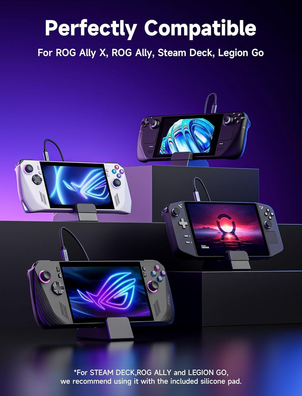 JSAUX Docking Station for ROG Ally X/ROG Ally/Steam Deck/Legion Go, 6-In-1 ROG Ally X Dock with HDMI 4K@120Hz, Gigabit Ethernet, Dual USBA 3.2 Gen 1, USBC 3.2 Gen 1 and PD 100W Charging-Hb0609 Black - White image number 3