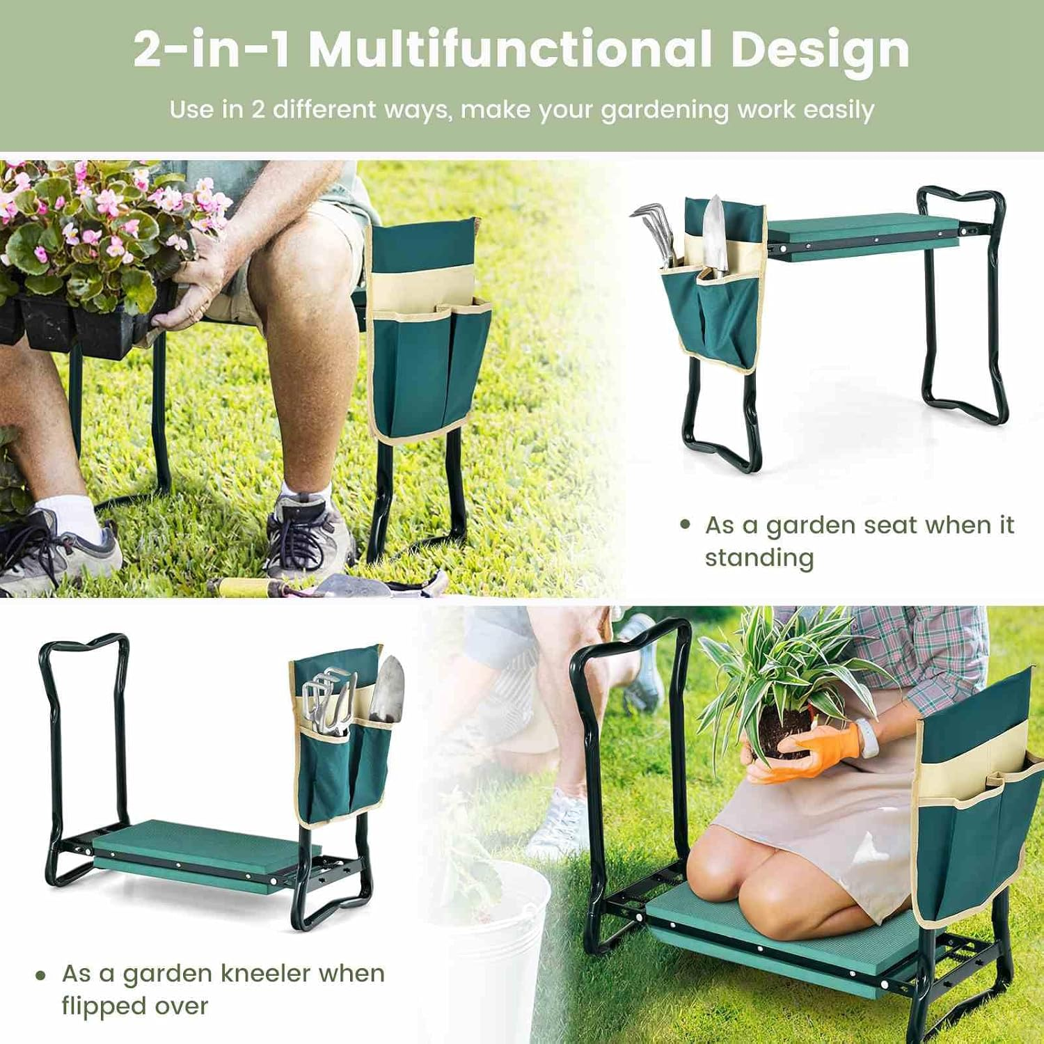 Costway 2-In-1 Garden Kneeler & Seat, Portable & Foldable Garden Tool for Kneeling & Sitting, Heavy-Duty Garden Bench W/Large Tool Pouch, Wide Kneeling Pad for Women Men Seniors image number 1