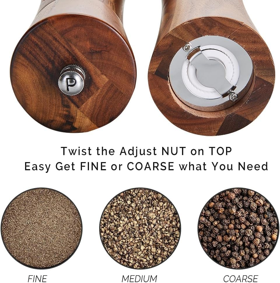 8 Inch Acacia Wooden Salt and Pepper Grinder Set with Tray, Manual Salt & Pepper Shakers with Adjustable Coarseness, Salt and Pepper Mills