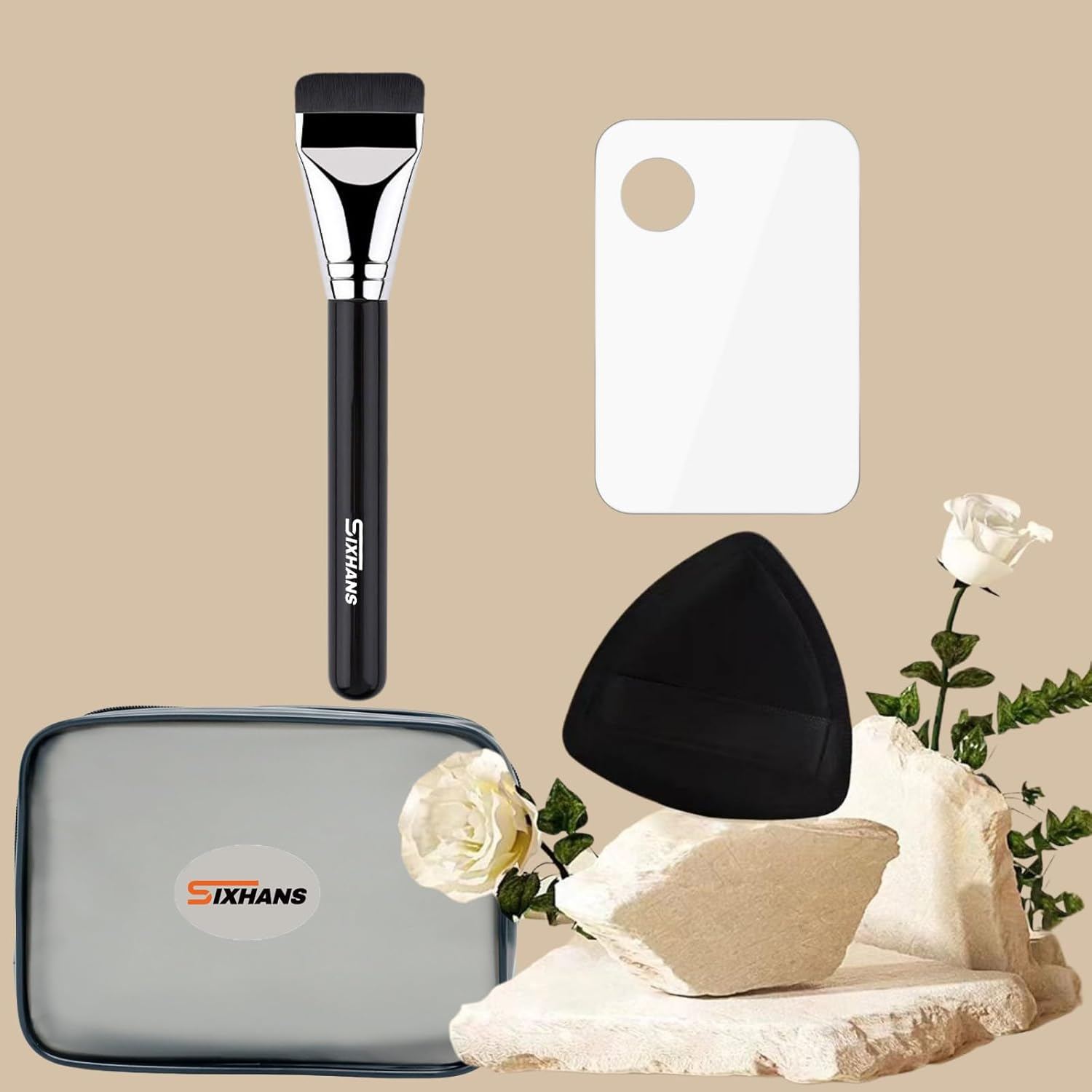 Flat Foundation Brush Rubycell Sponge & Mixing Palette Makeup Tool Couple Set- Ideal for Liquid Foundation,Ultra-Soft Seamless Blender for Flawless Natural Makeup,Minimized Absorb,Long-Lasting image number 1