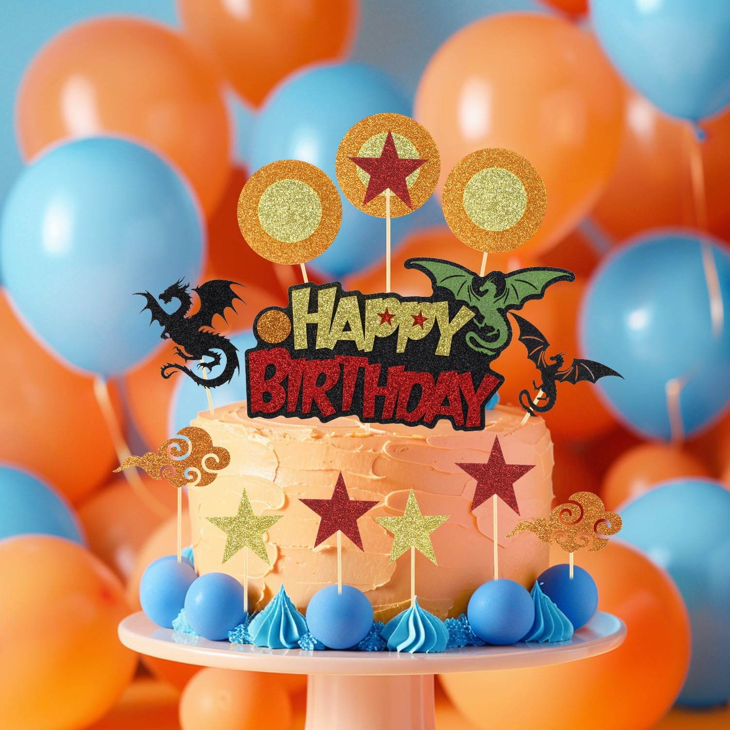 1Pc Cartoon Happy Birthday Cake Topper + 12Pcs Cupcake Toppers, Glitter Cake Topper Decorations Dragon Stars Circle Anime Cartoon Cupcake Picks for Themed Birthday Party Supplies Boys Girls image number 3
