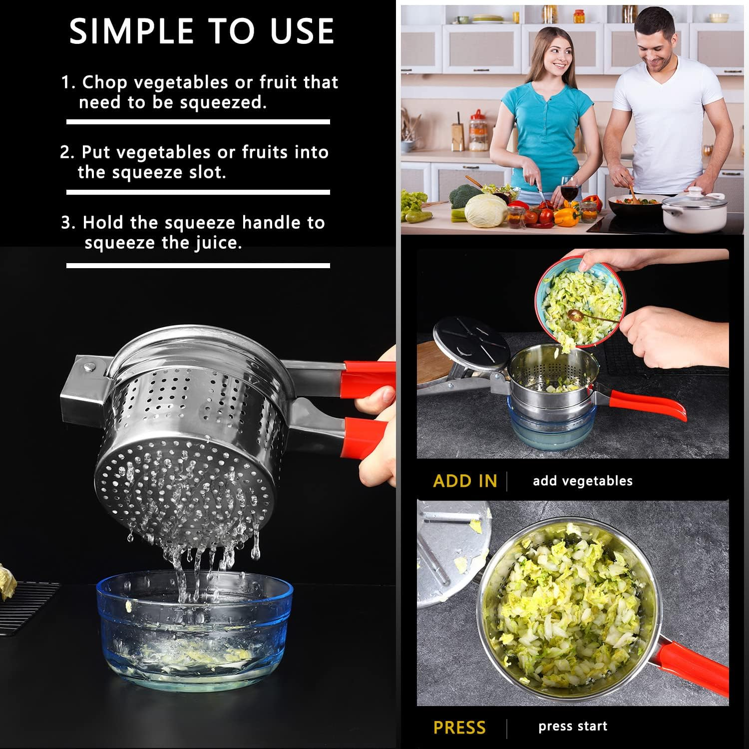 Stainless Steel Vegetable Squeezer, Upgrade Non-Slip Red Silicone Handle,Filling Pancakes,Etc. (Upgrade 40Oz)