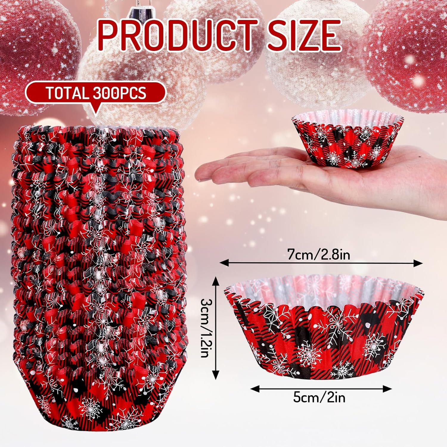 Whaline 300Pcs Christmas Plaid Snowflake Cupcake Liners Red Black Buffalo Plaid Cupcake Wrappers Baking Cups Holders Muffin Liners for Xmas Winter Holiday Birthday Party Supplies image number 5