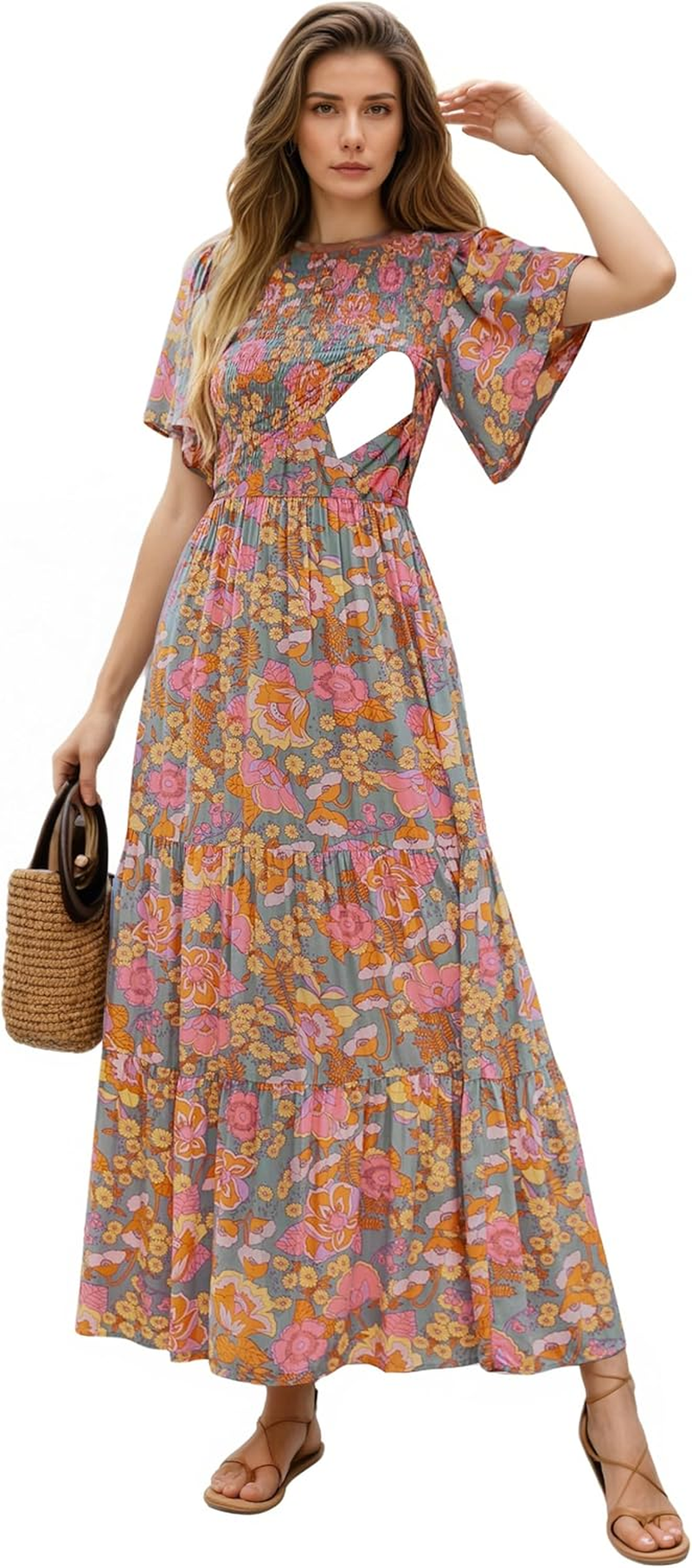 Womens Nursing Dress Summer Floral Print Short Flutter Sleeve Crew Neck Smocked High Waist Flowy Maxi with Pockets image number 2