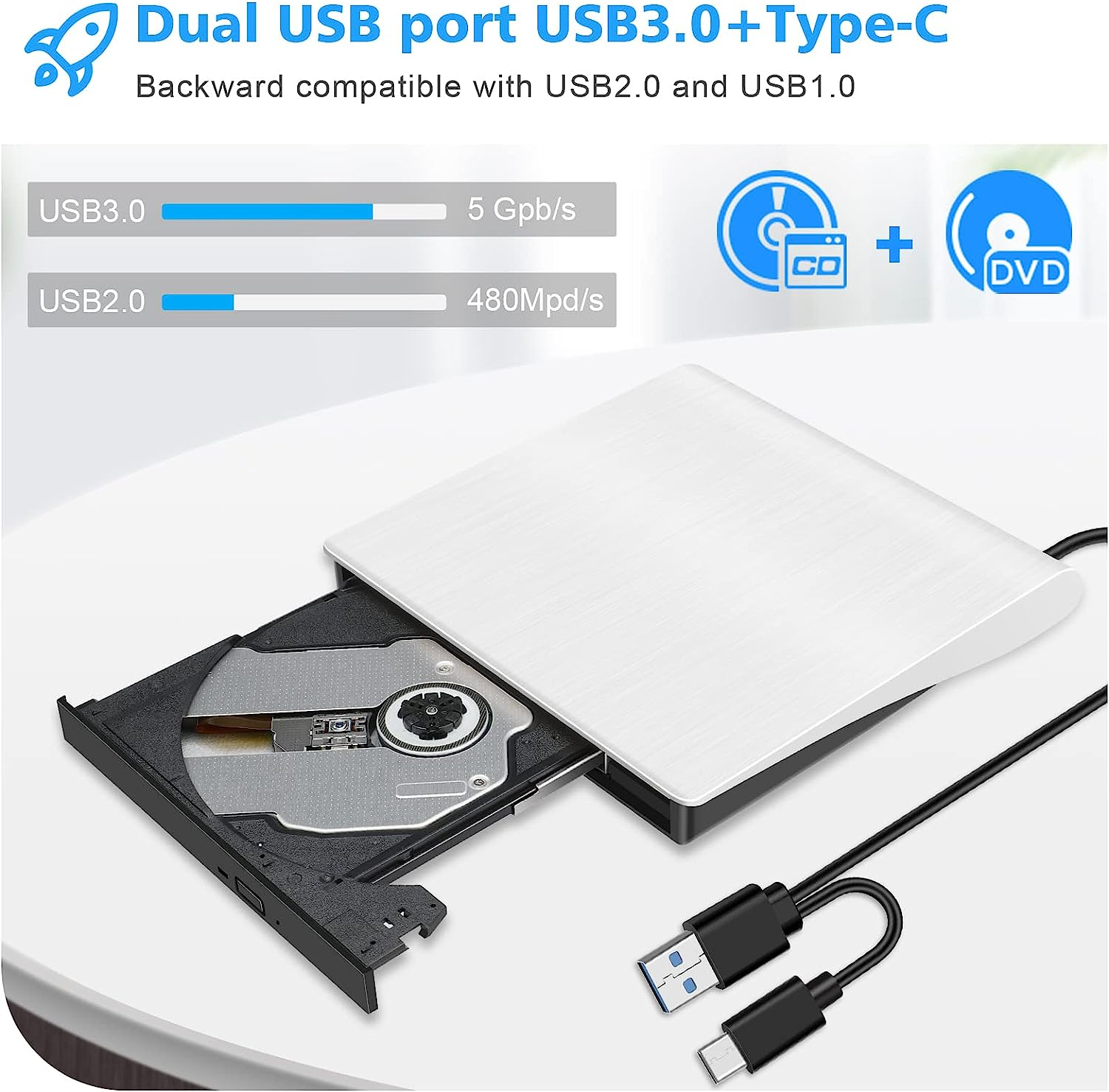 Portable External DVD Drive, USB 3.0 Type-C CD DVD +/-RW Optical Drive USB C Compatible with Windows XP / 2003 / Vista /7/8.1/10，Linux，Mac OS System Rewriter Writer Reader Burn Speed 16 Times(White) image number 1