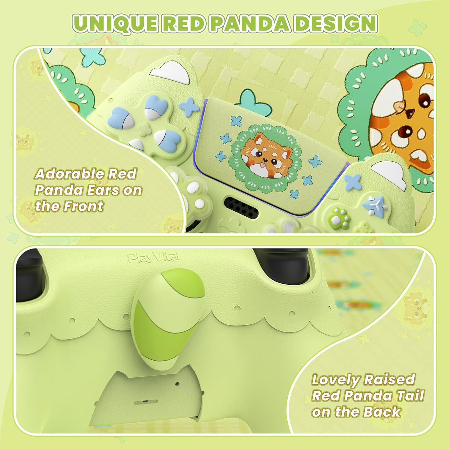 Playvital Cute Spring Lesser Panda Silicone Cover for Ps5 Controller with Joystick Cap and Sticker, Anti-Grip Shockproof Skin, Compatible with Charging Station, Eustoma Green image number 6