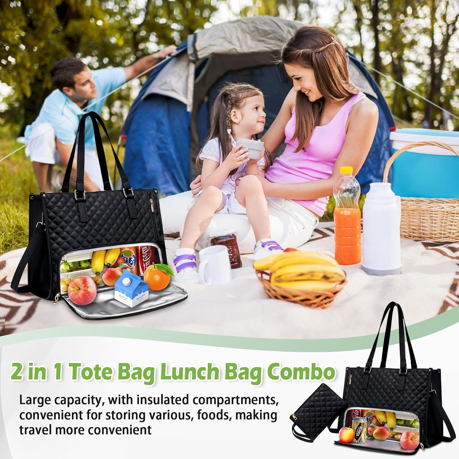 2 in 1 Tote Bag Lunch Bag Combo Comes with Wallet, Lunch Tote Bag, Lunch Bags, Large Capacity Computer Handba-G, Stylish Picnic Bags, Elegance Meets Functionality - Brown image number 6