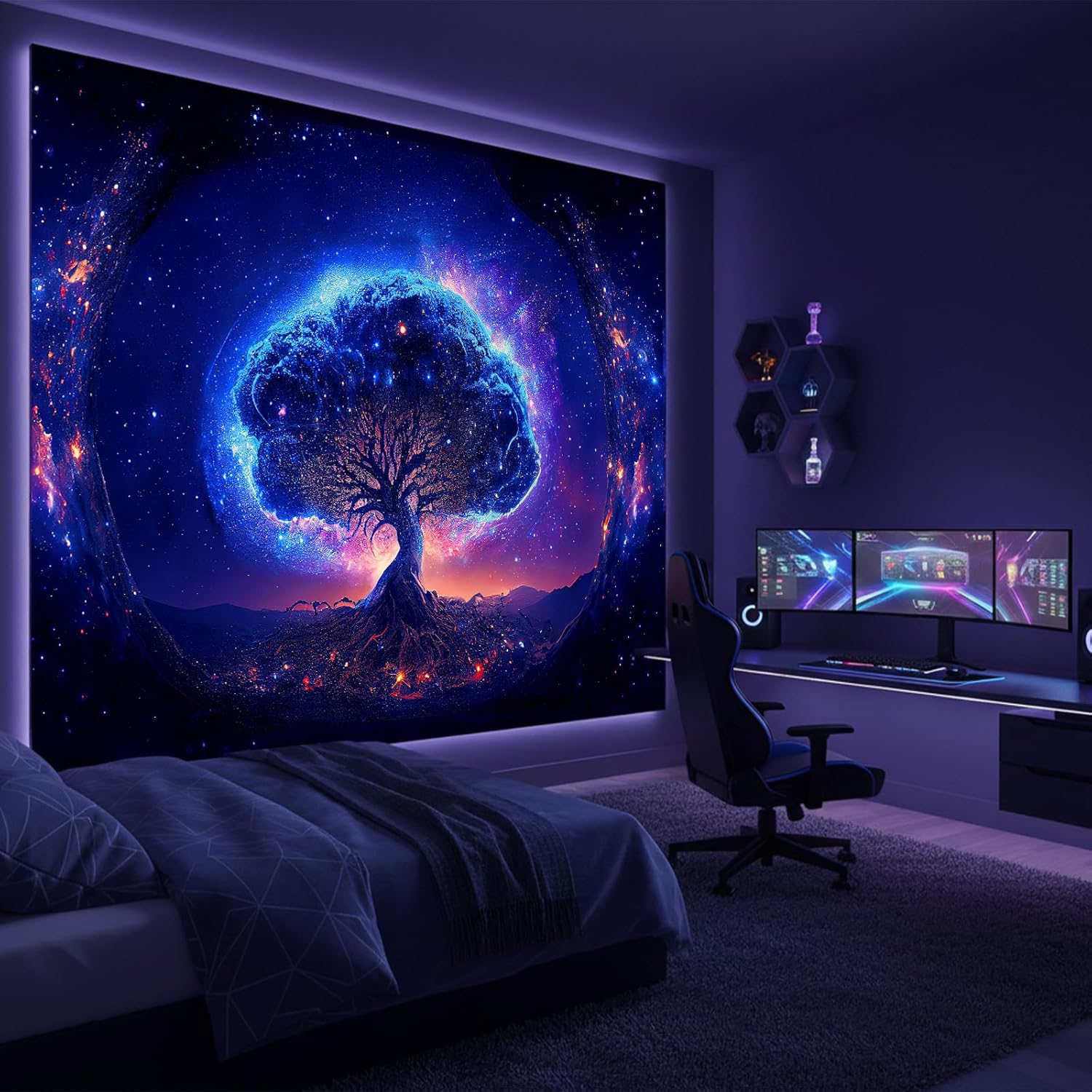 Blacklight Tree and Space Tapestry for Bedroom, Aesthetic Cool Black Light Tree of Life Tapestries for Girl, Fantasy Stars Galaxy Wall Hanging for Living Room Teen Dorm Decor (51" X 60") image number 5
