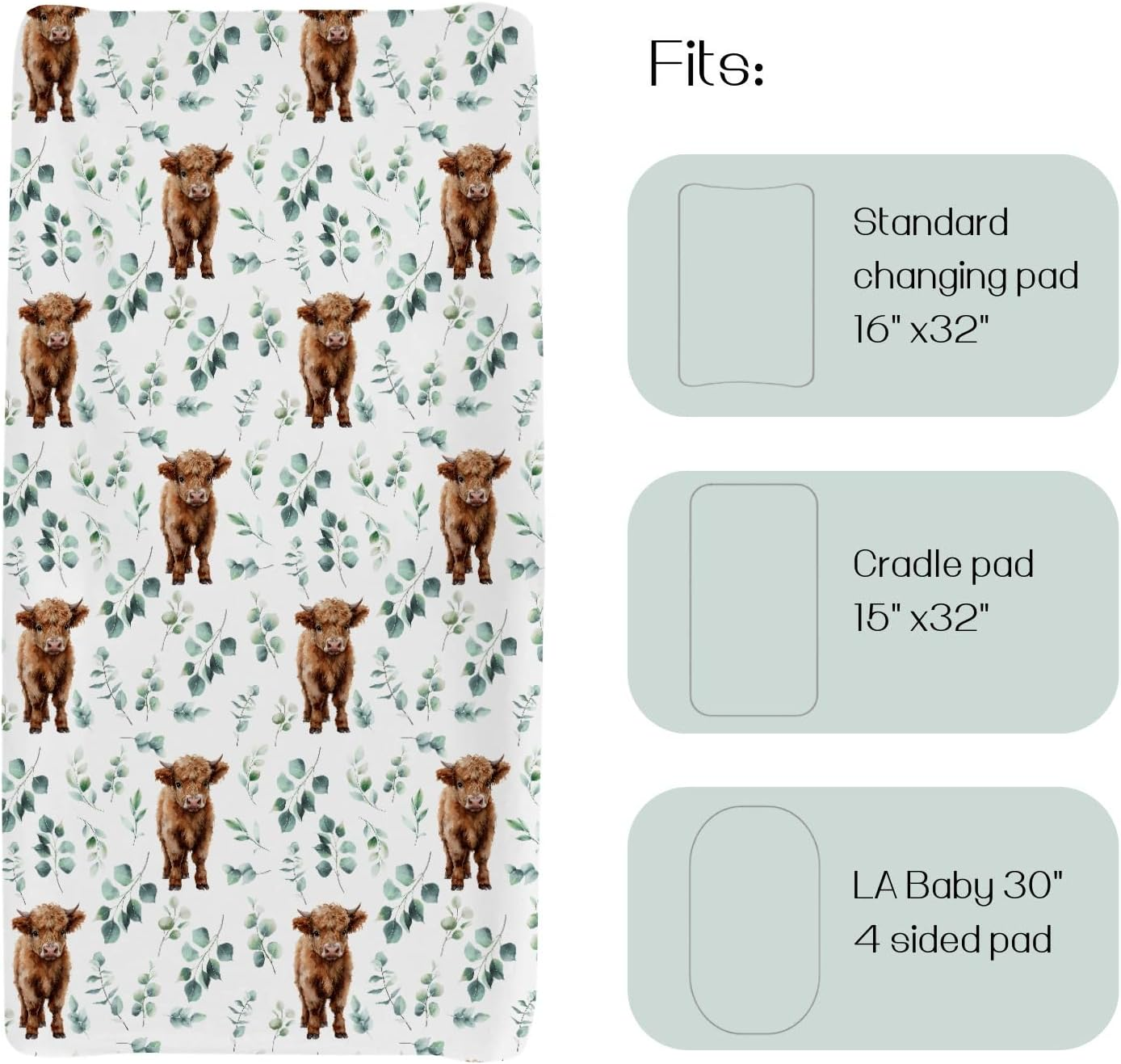 Hawskgfub Highland Cow Eucalyptus Leaf Changing Pad Cover for Baby Girl Boy, Natural Western Farm Animal Diaper Change Table Covers, Soft Stretchy Safe Snug Fitted Changing Mat Sheet Fit 32"/34" X 16" image number 4