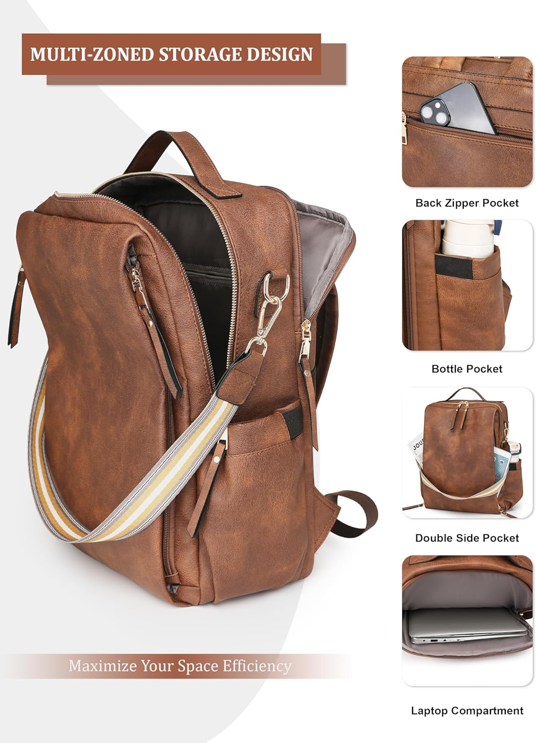 Dora & Liz Laptop Backpack for Women, Leather Travel Backpack with 15.6 Inch Laptop Compartment, College Work Computer Bag - Caramel image number 7