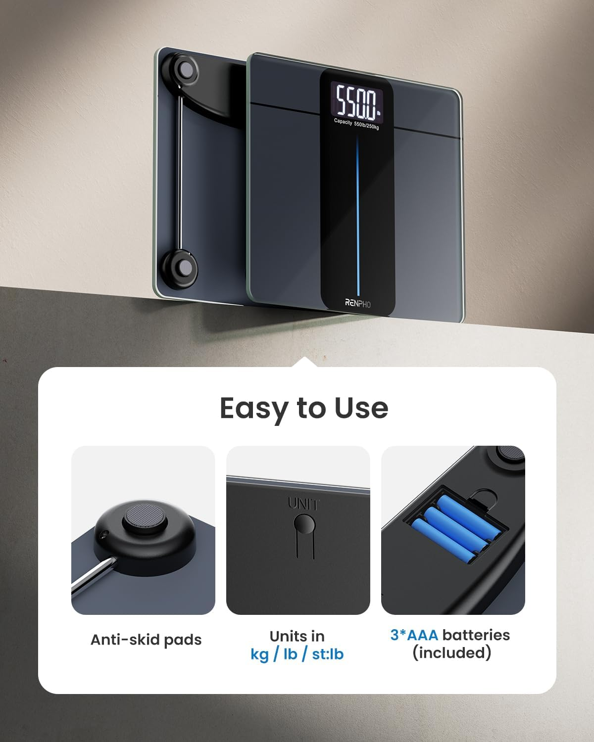 RENPHO Personal Scales Digital Test Winner 2024, Max 250 Kg, Persons with Extremely High Load Capacity, Large Platform, Large LED Display, Highest Accuracy up to 50 G, 33 X 30 Cm, Core 1 L image number 7