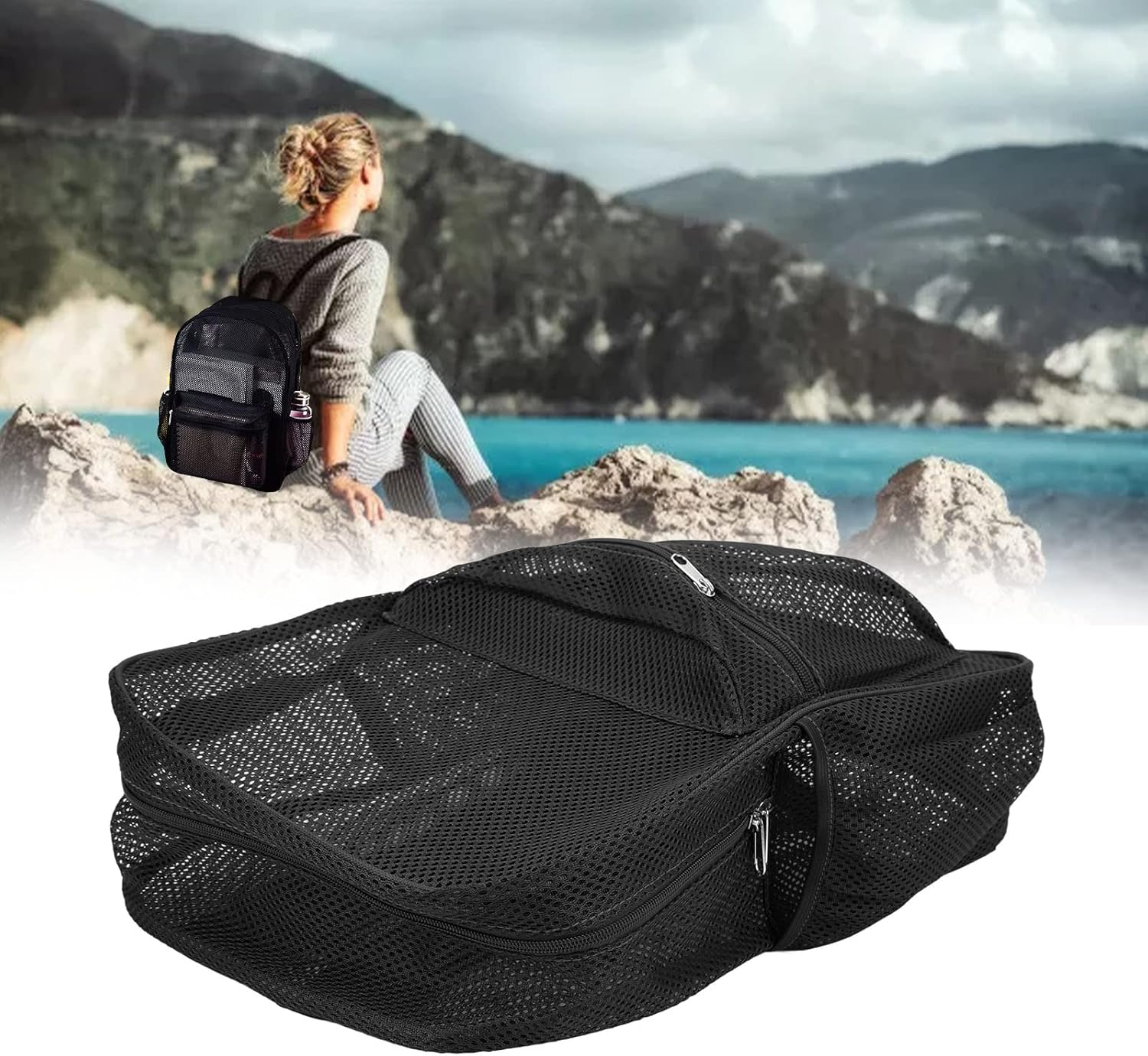 Mesh Backpack, Heavy Duty Large Capacity Mesh School Bag, Washable See through Backpack for Swimming Beach Sports - Gray image number 3