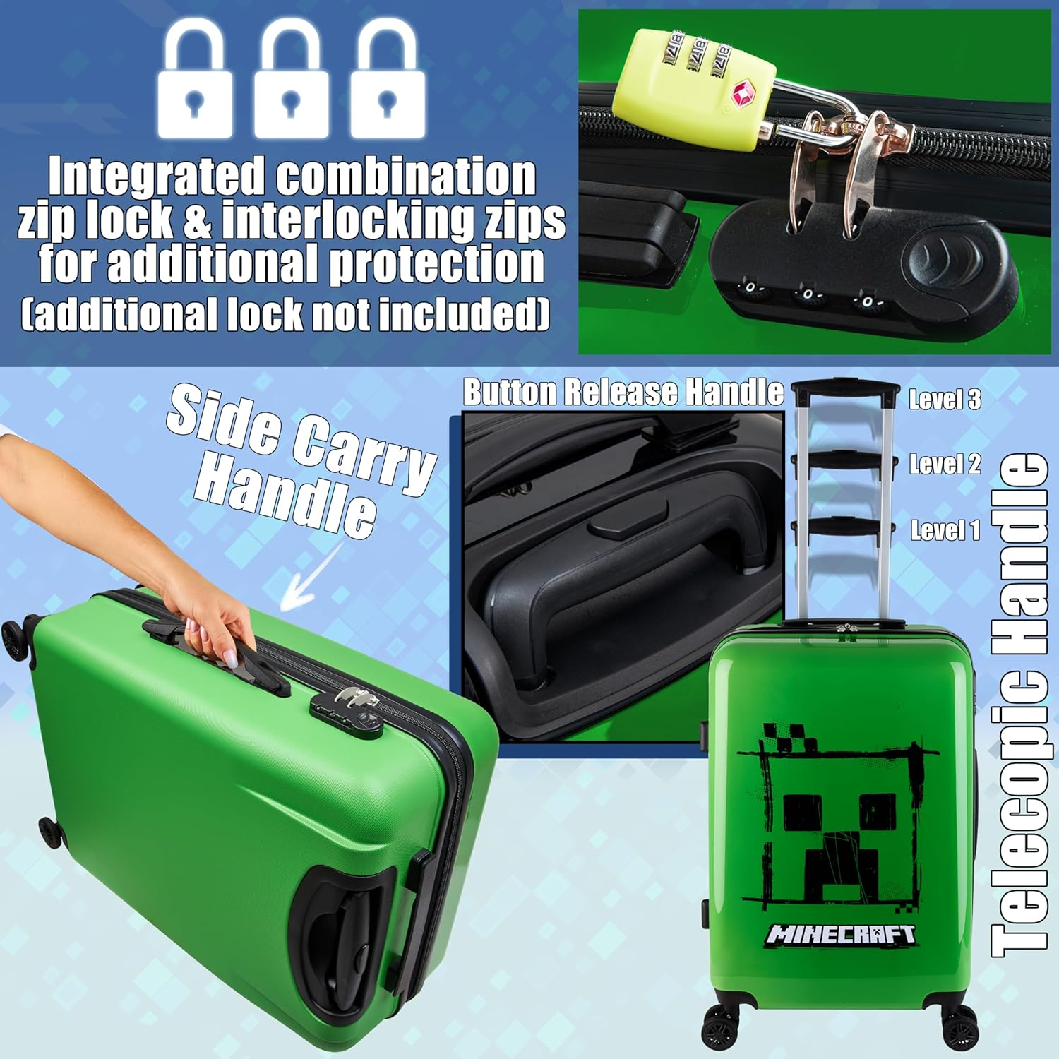 Minecraft Suitcase for Kids Teens Creeper Hard Shell Luggage Rolling Suitcase 4 Wheels & Extendable Handle Travel Essentials for Vacations Trips (Large Green, 26.18" - 46L) image number 6