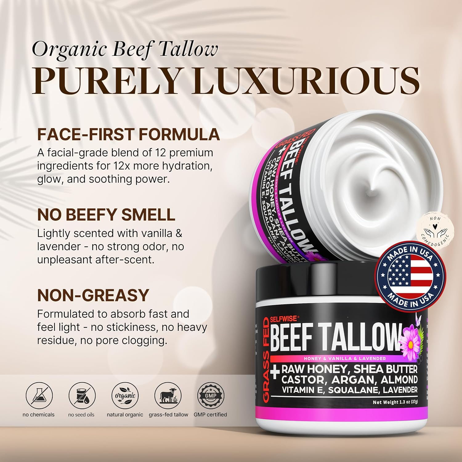 Grass-Fed Beef Tallow Moisturizer - Organic Balm with Raw Honey, Shea Butter & Castor Oil &ndash; Non-Greasy & Multi-Purpose Skin Cream for Face & Body - Natural & Fragrance-Free Face Cream image number 5