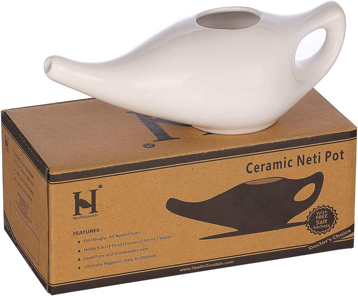 Healthgoosaau - Durable Ceramic Neti Pot for Nasal Cleansing with 5 Sachets Neti Salt - 225 Ml Capacity image number 4