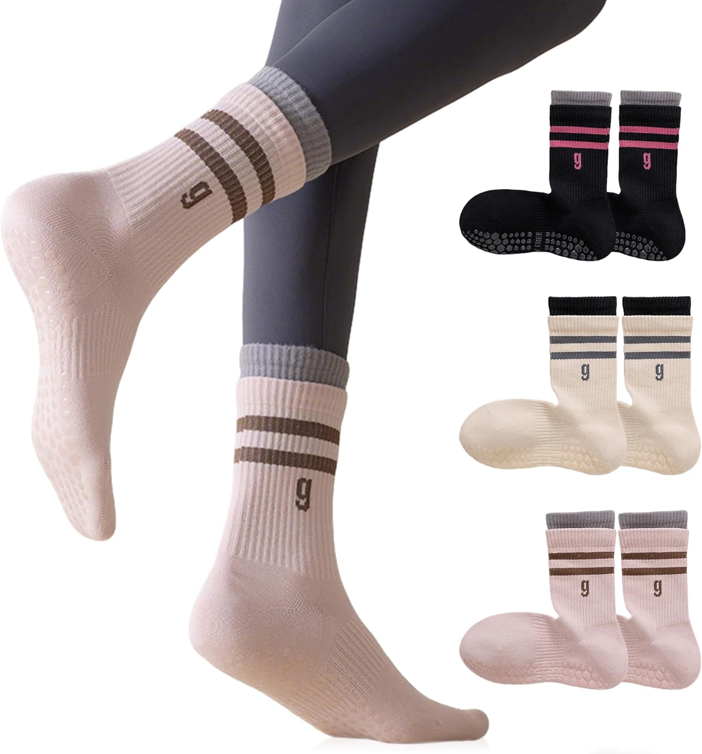 Pilates Grip Socks for Women - Non-Slip Yoga Workout Crew Socks for Gym Dance Training Barre Fitness