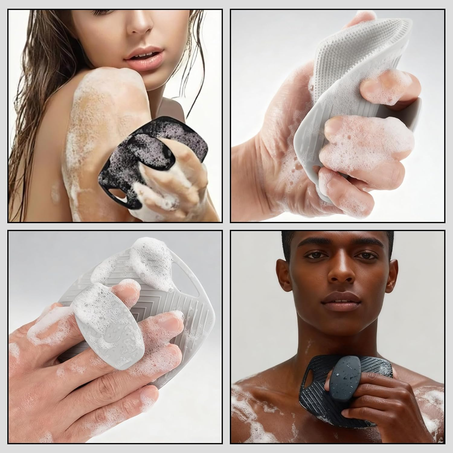 2 Packs Silicone Body Scrubber for Men, Premium Loofah Alternative with Lather Boosting Bristles, Ergonomic No-Slip Handle for Deep Cleaning, Exfoliating(Black ＋Gray) image number 5