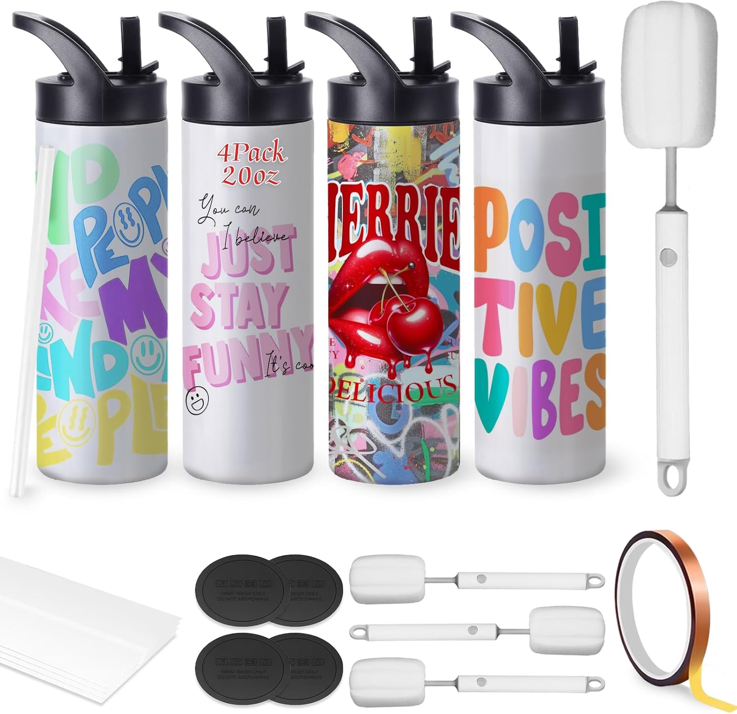 20Oz Sublimation Cup Set for Cup Heat Press Machine, Cafultgo 4-Pack with Lid & Straw, Double Wall Insulated, Great for Travel & Outdoor (4) image number 4