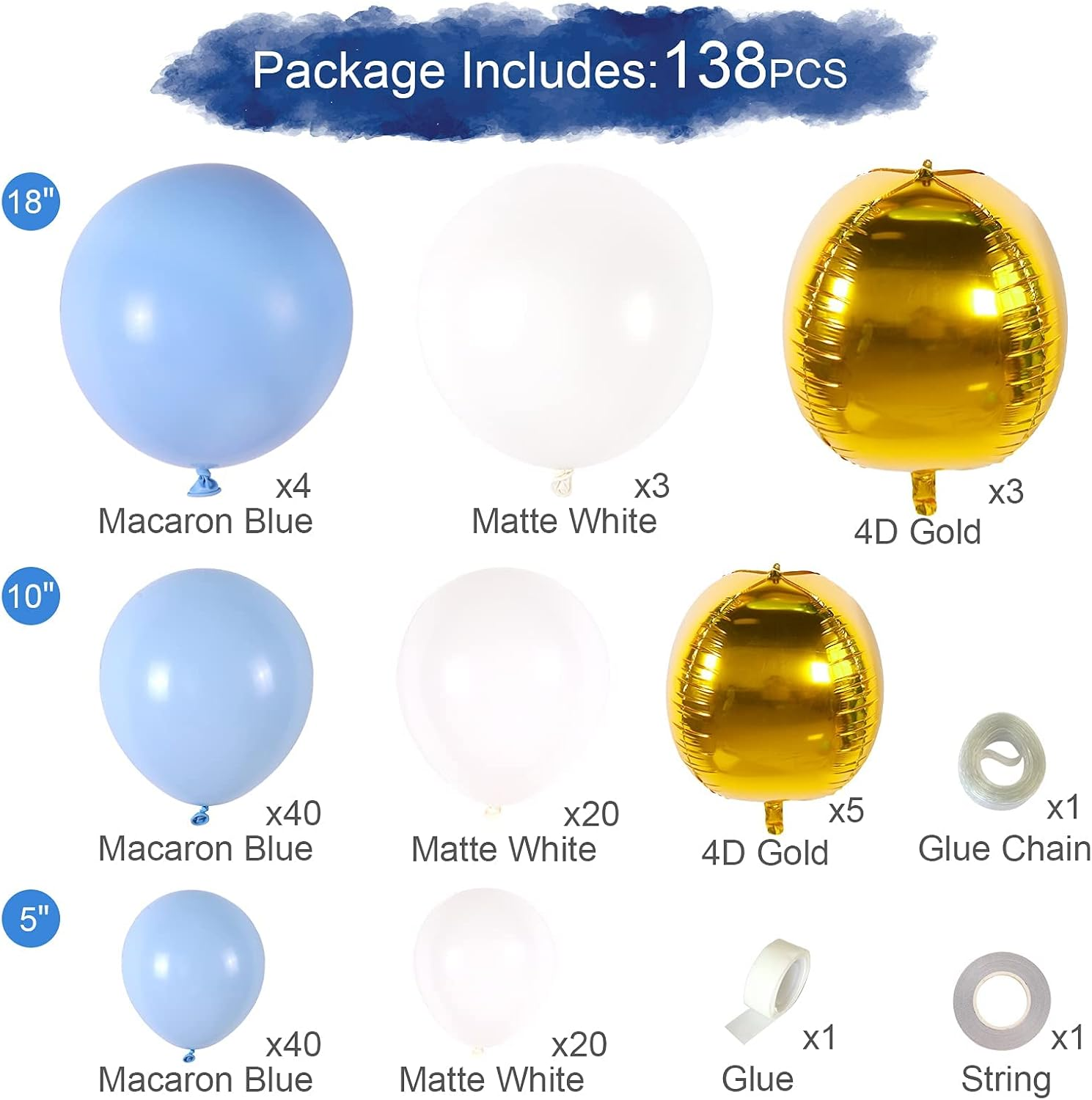 138 Pcs Blue White Balloons Garland Kit, Light Blue Balloon Arch with Gold Foil Balloons for Baby Shower Bridal Shower Boy Girls Birthday Wedding Party Teddy Bear Party Decorations image number 3