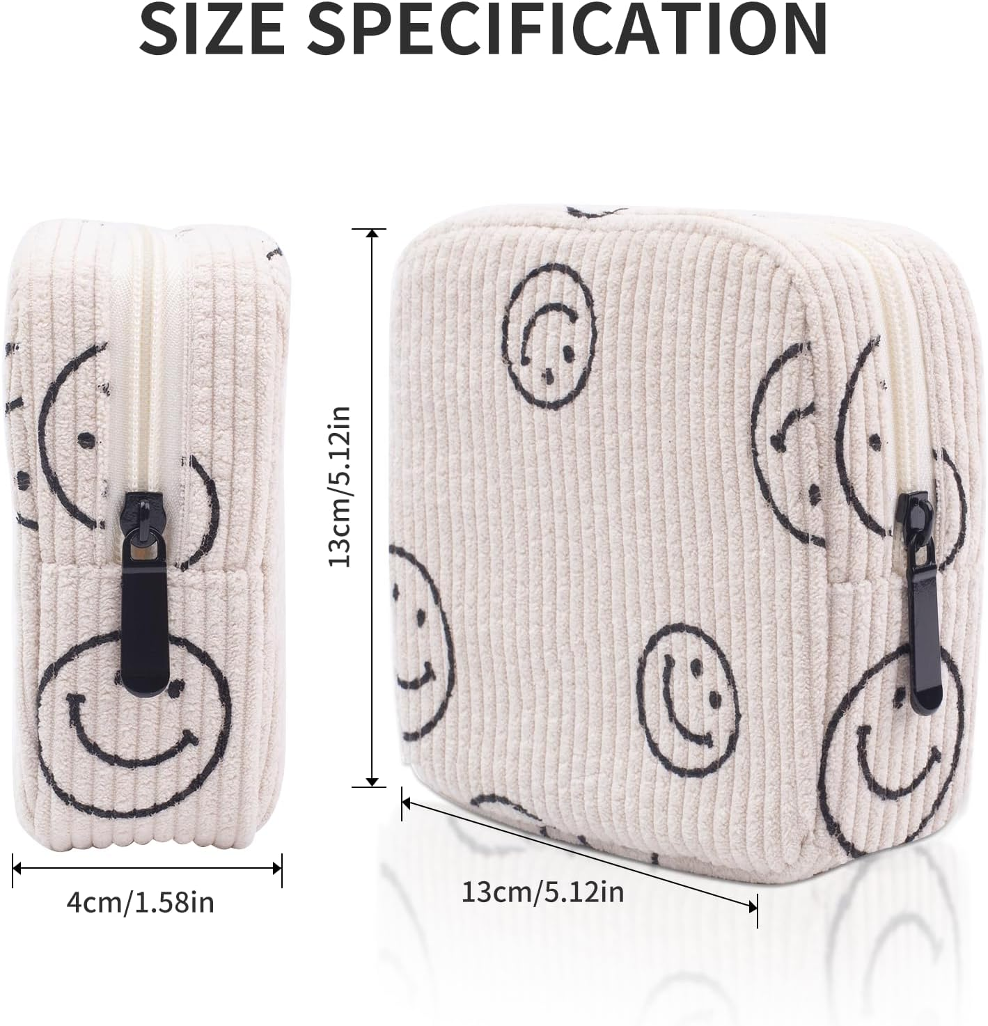 Teircno Sanitary Napkin Storage Bag,Preppy Corduroy Period Bag for Women, Cute Smiley Face,Portable Period Pouch with Zipper, Sanitary Pads Bag Tampons Holder for Purse, First Period - Brown image number 3