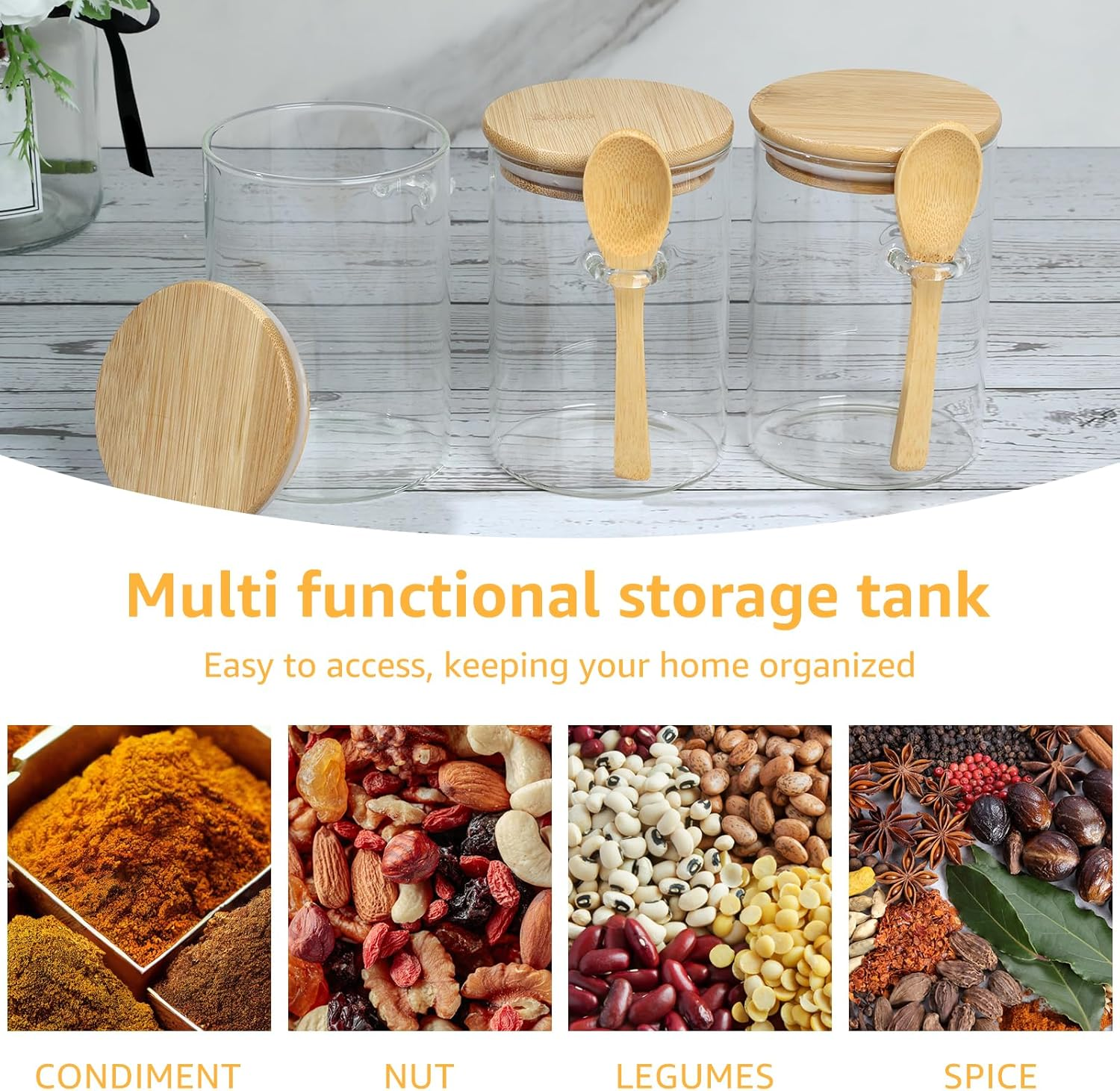 4Pcs Glass Jars with Bamboo Lids and Spoons 600ML Airtight Spice Jars Clear Glass Storage Jars Multipurpose Food Storage Containers Dishwasher Safe Glass Jars for Coffee Cereal Spices image number 6