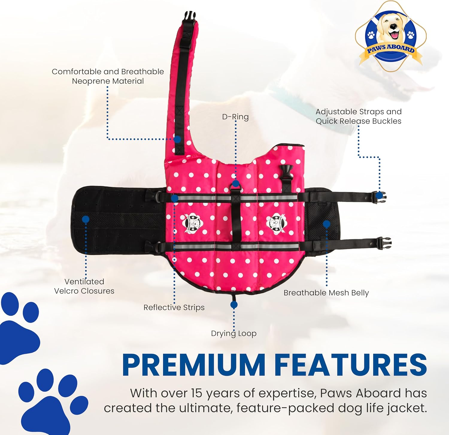 Paws aboard Dog Life Jacket - Keep Your Canine Safe with a Neoprene Life Vest for Swimming and Boating - Available in Different Sizes, Color and Design to Choose - Pink & White Polka Dot, Medium image number 2