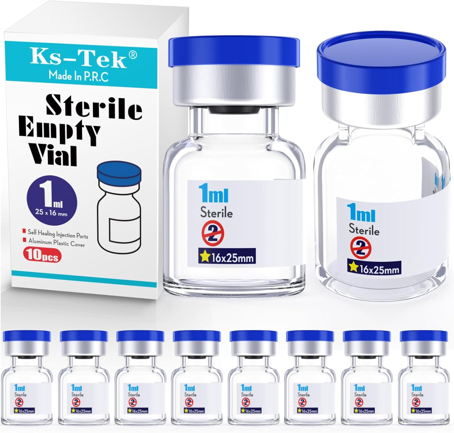 Ks-Tek Sterile Empty Vials with Self Healing Injection Port,With Aluminum Plastic Cap,Sterile Package (10, 2Ml Amber) image number 1