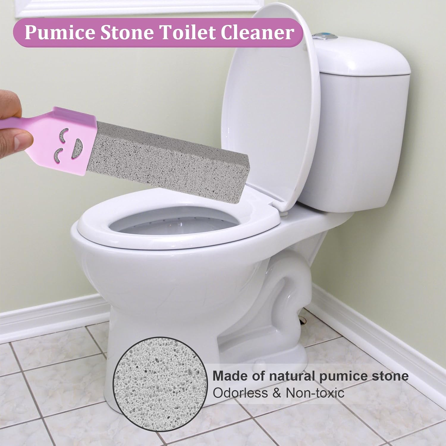 Pack of 6 Pumice Stone Toilet Cleaner with 2 Handles, Urine Stone Remover, Extra Strong, Natural Pumice Stones for Toilet, Bathroom, Kitchen, Swimming Pool (Purple) image number 1