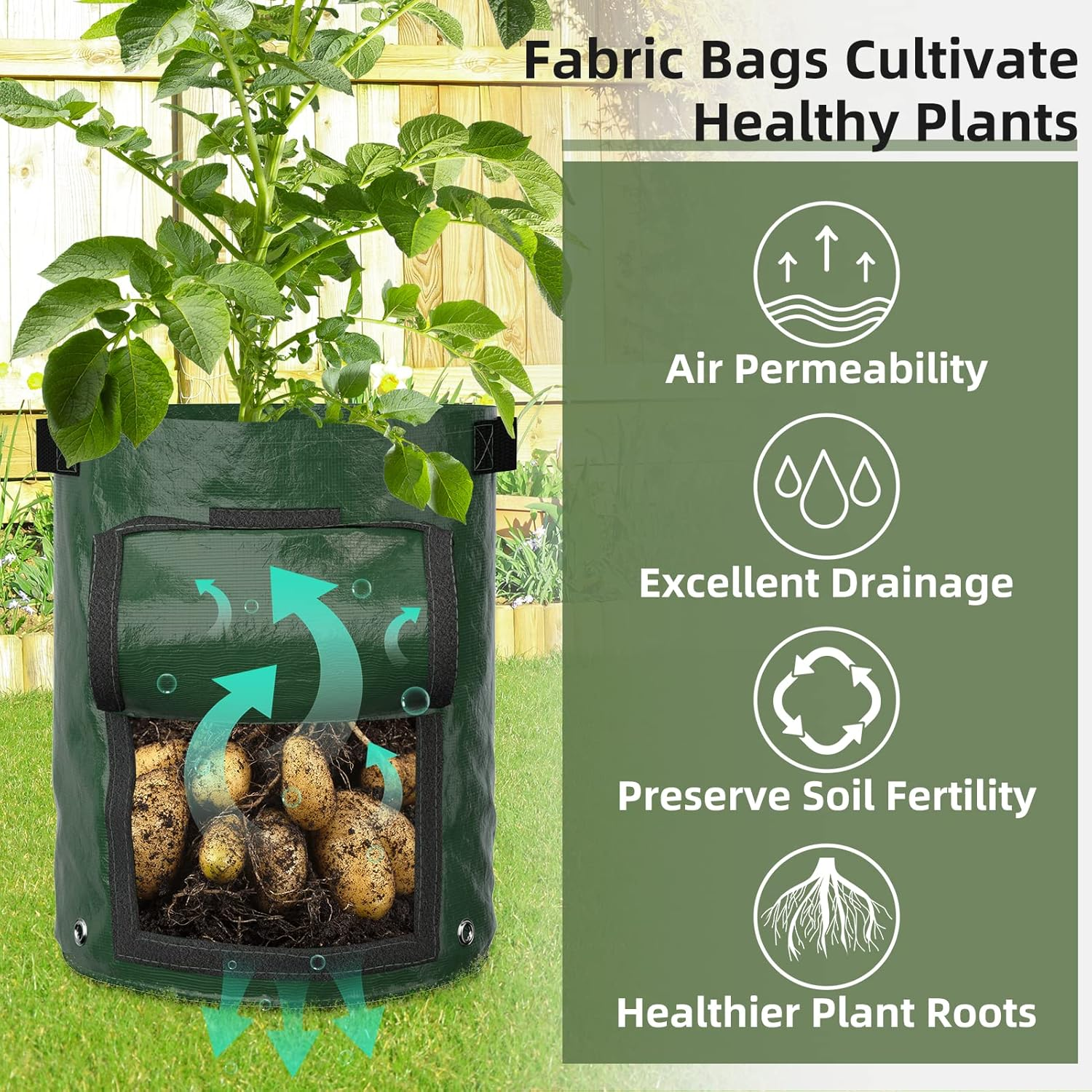 Greatbuddy 10 Gallon Potato Grow Bags 4-Pack, Thick PE Fabric Pots for Plants, Harvest Windows & Sturdy Handles, Labels Included, Green