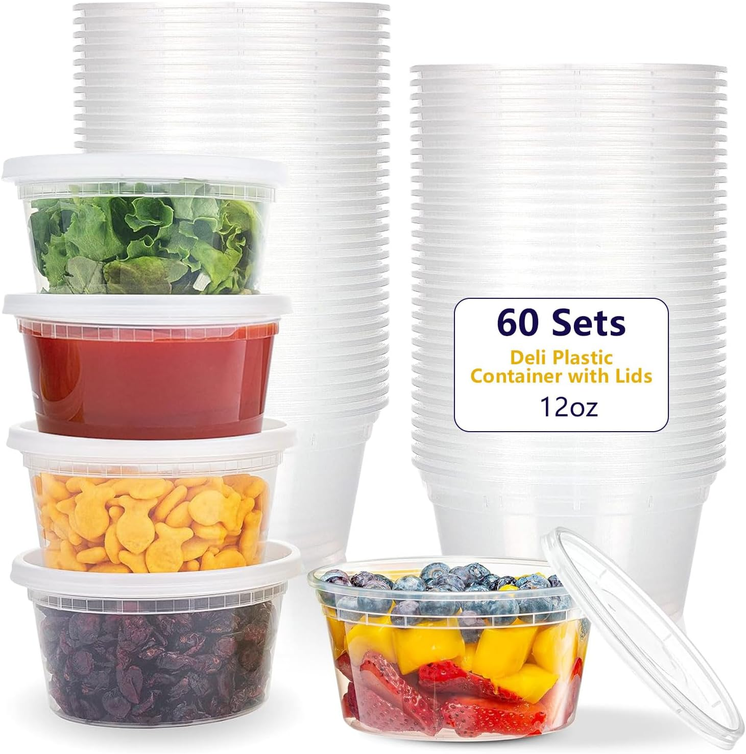 60-Pack 12 Oz Plastic Food Storage Containers with Airtight Lids, Microwave, Freezer & Dishwasher Safe,Stackable,Bpa-Free,12 Oz Deli Meat Containers with Lids for Soups, Sauces, Salads, and Meal Prep image number 2