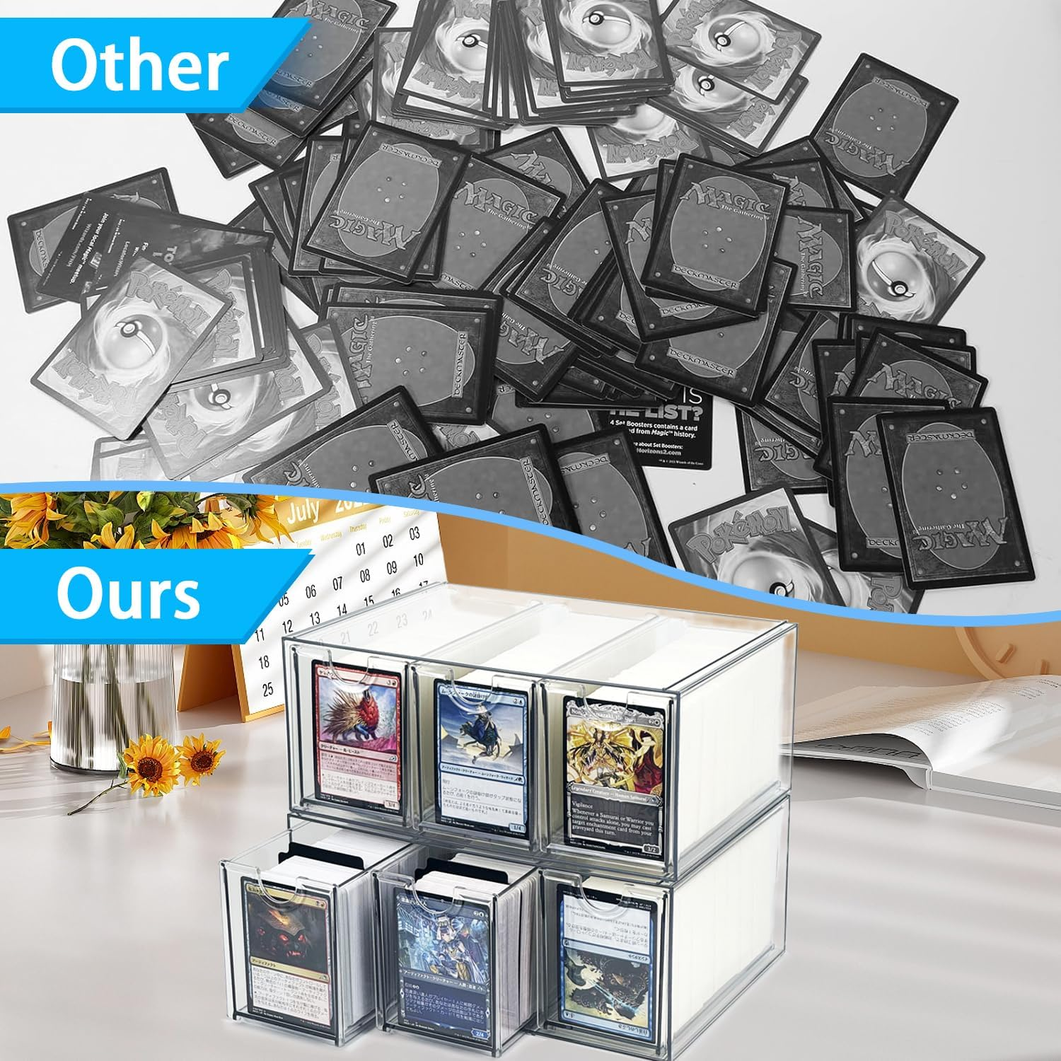 REASOR 2200+ Capacity Trading Card Storage Box,Card Deck Case with 12 Dividers, Hard Transparent Playing Card Case,Suitable for Magic Game Cards,2 Large Capacity Card Box image number 3