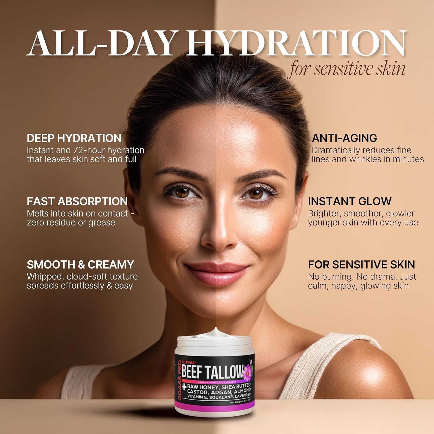 Grass-Fed Beef Tallow Moisturizer - Organic Balm with Raw Honey, Shea Butter & Castor Oil &ndash; Non-Greasy & Multi-Purpose Skin Cream for Face & Body - Natural & Fragrance-Free Face Cream image number 3