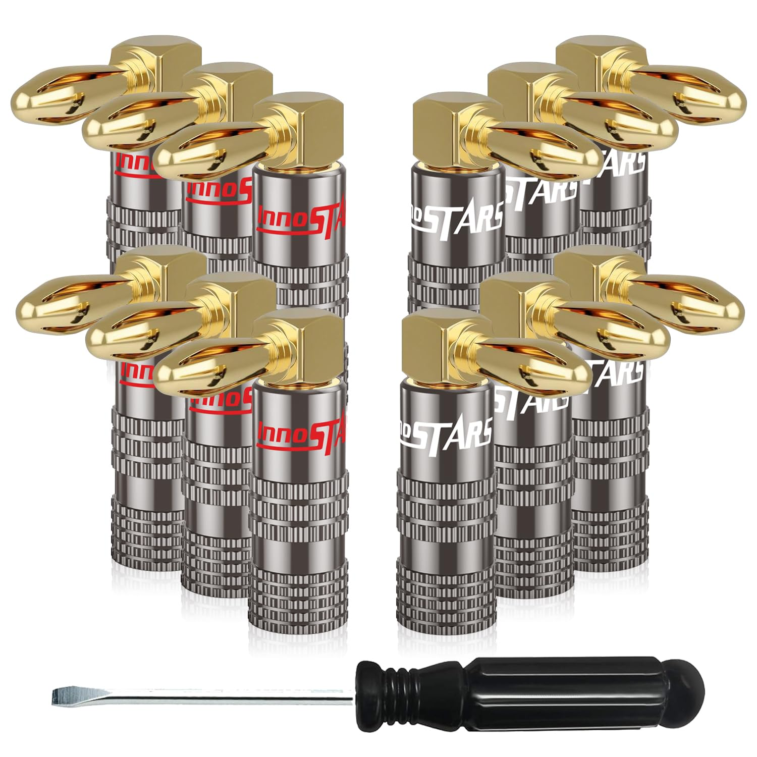 Innostars Right Angle Banana Plugs (6 Pairs / 12 Pcs), Closed Screw 24K Gold Plated Banana Speaker Plug Connectors for Speaker Wire, Wall Plate, Home Theater, Audio/Video Receiver, and Sound Systems image number 6