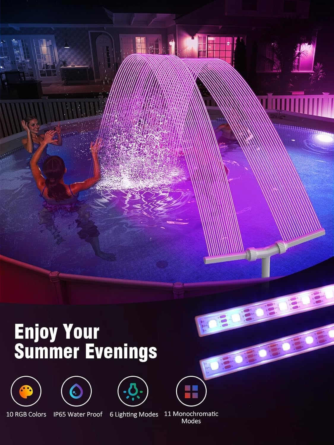Solar Pool Fountain with Lights, for above and In-Ground Pool with 10-Color LED Lights, Control by APP, High-Pressure Waterfall, 360&deg;Adjustable Dual Spray Waterfall Sprinkler