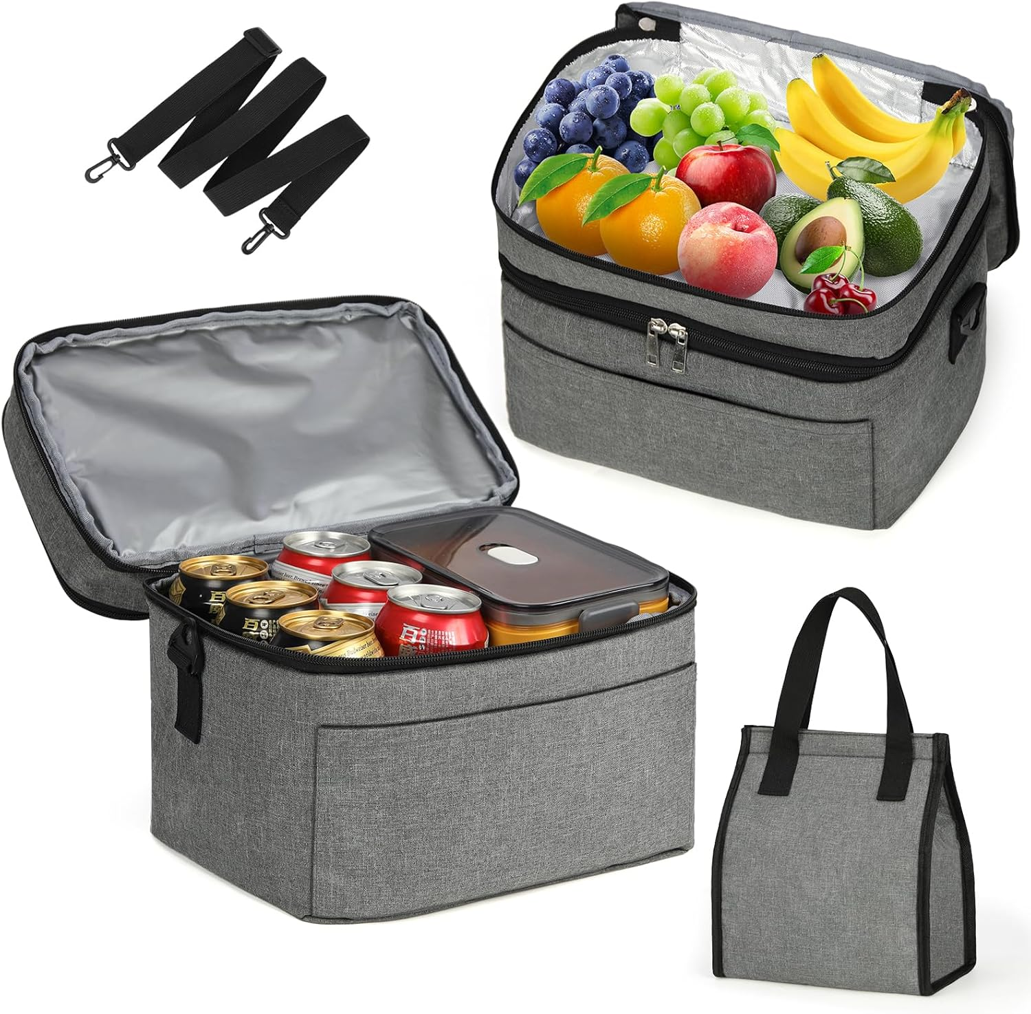 Lubardy 2PCS Lunch Bag, Insulated Lunch Bag, Waterproof Reusable Lunch Bag with Removable Adjustable Shoulder Strap,Lunch Box for Men Women,For Outdoor, Picnic, Work,Grey image number 1