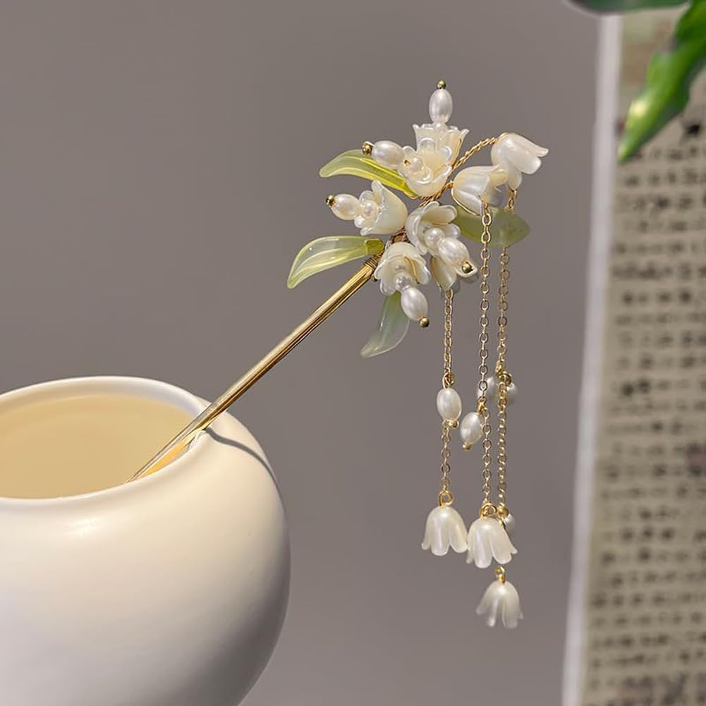 Chinese Hair Fork,Flower Hair Sticks,Elegant Simple Magnolia Pearl Hairpins for Ancient Style Beaded Braided Hairpins Chinese Hair Fork image number 5