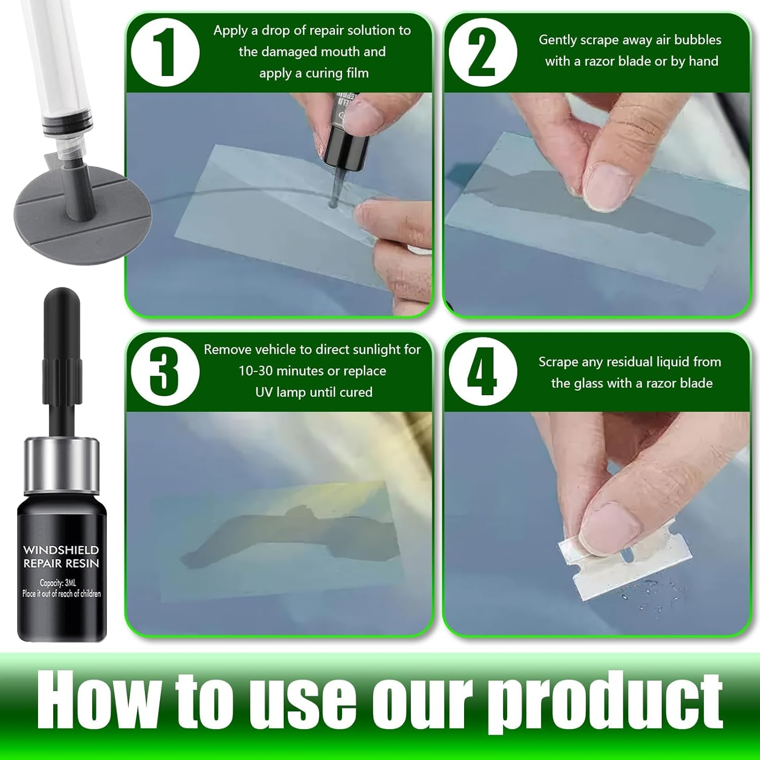 Windshield Crack Repair Kit, for Bulls-Eyes, Half-Moon, Cobweb, Star and Long Line Cracks - DIY Glass Repair Tool Kit with Resin, Syringe, Curing Films